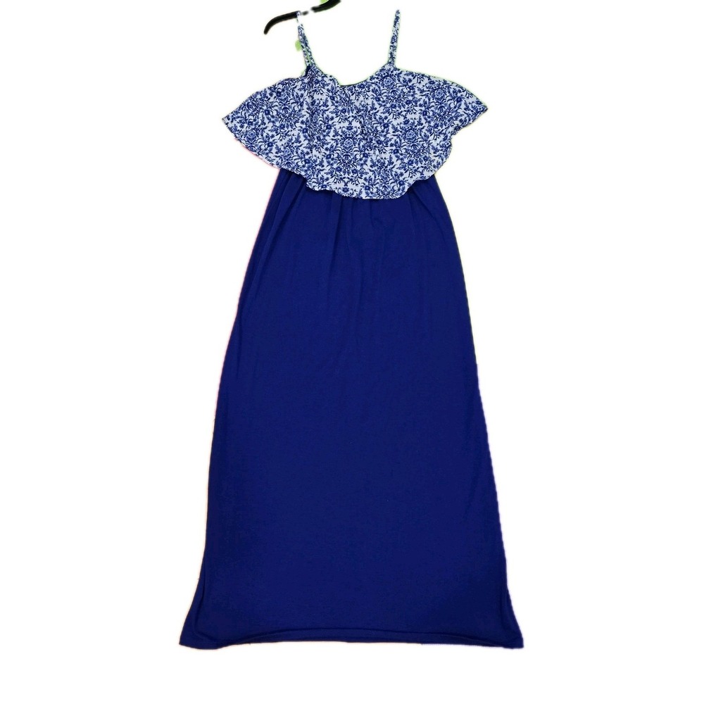 Charming Charlie Women's Small Blue Maxi Dress Ruffle Flounce Floral Top Long S